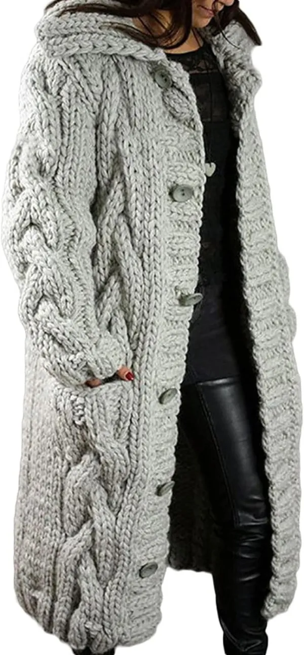 Ladies Cardigan Chunky Knit Cardigan, Knee Length Jacket for Women, Ladies Fashion Cable Knit Long Cardigan Loose Fit Sweater Cardigan Coat Solid Color Tops (Color : Watermelon red, Size : M