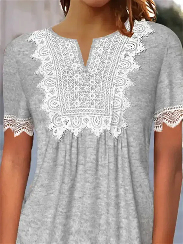 Women's Lace Short Sleeve V-neck Top