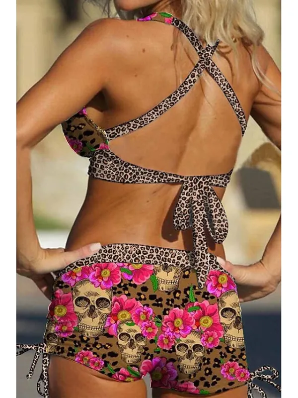 Women's Swimwear Bikini Normal Swimsuit Halter 2 Piece Printing Leopard Skull Brown Bathing Suits Sports Beach Wear Push Up