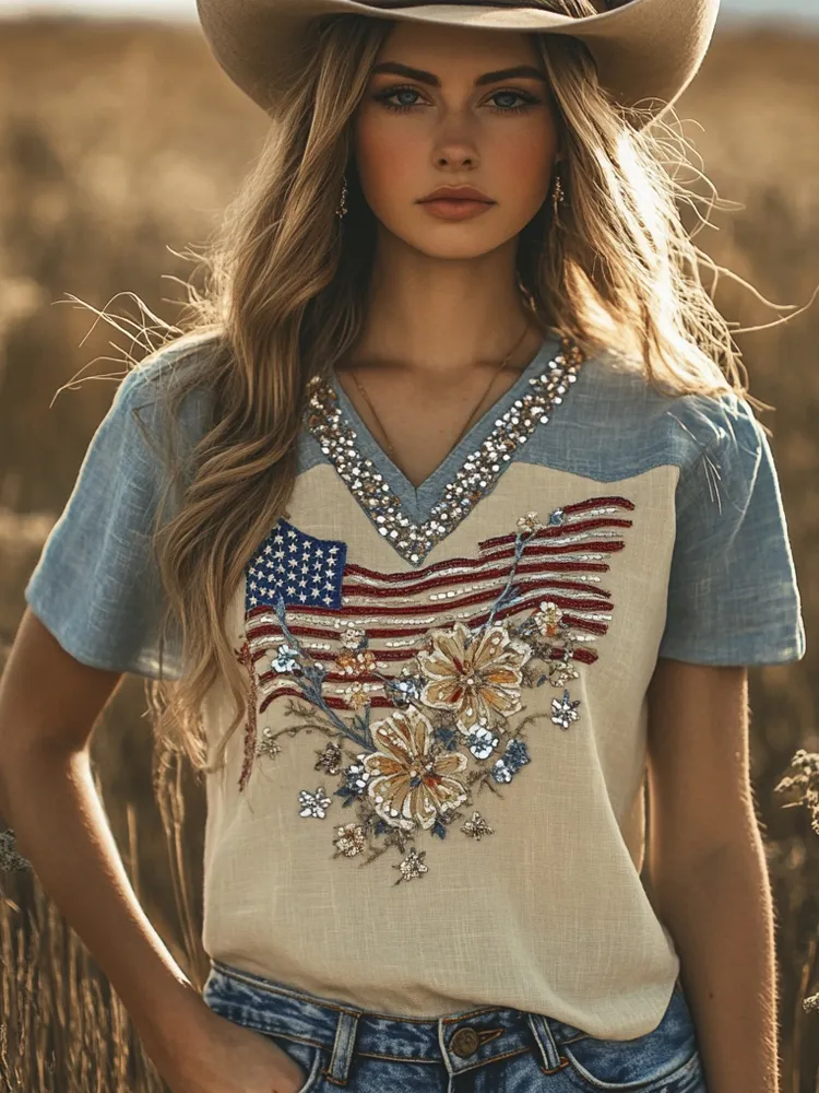 Vintage Sequin Floral Independence Day Women's V-neck T-shirt