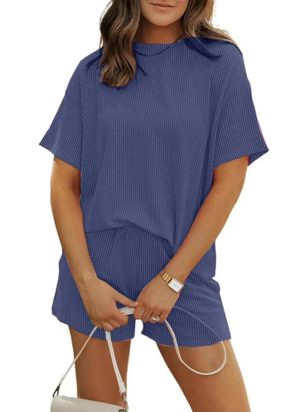Women'S Crew Neck Ribbed Textured Shorts Set