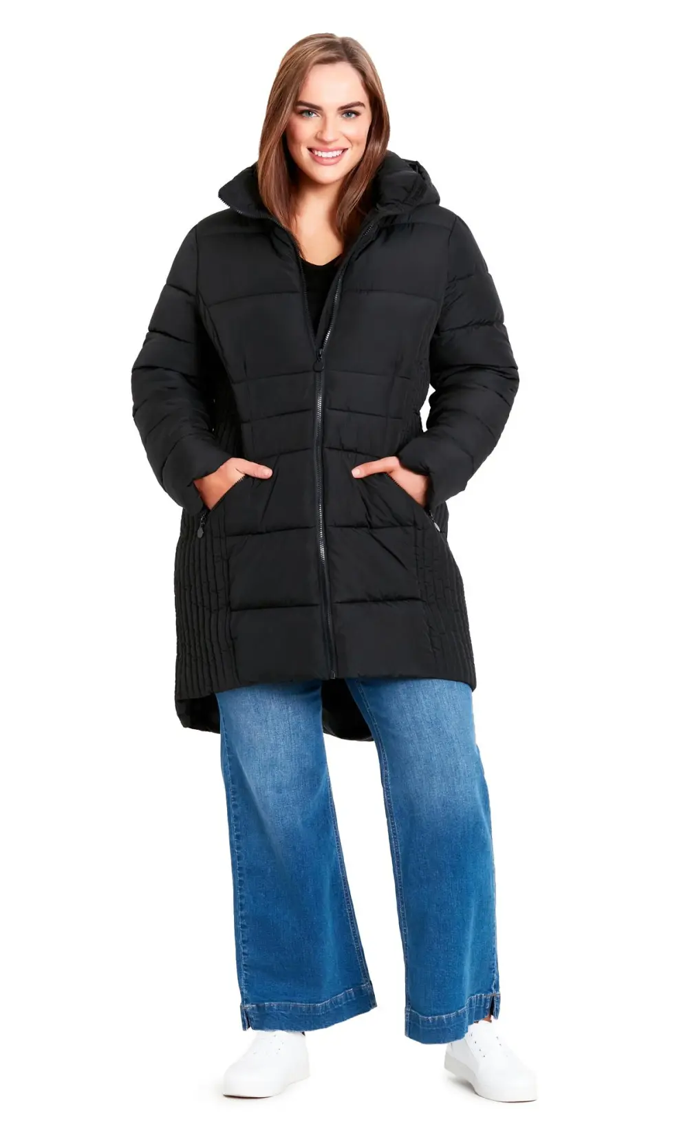 Evans Black Panelled Puffer Midi Coat
