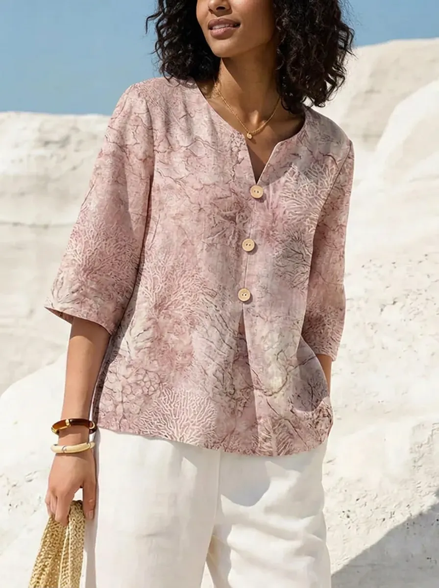 Women's Nashville Coral Reef Pattern Printed V-Neck Button-Up Top