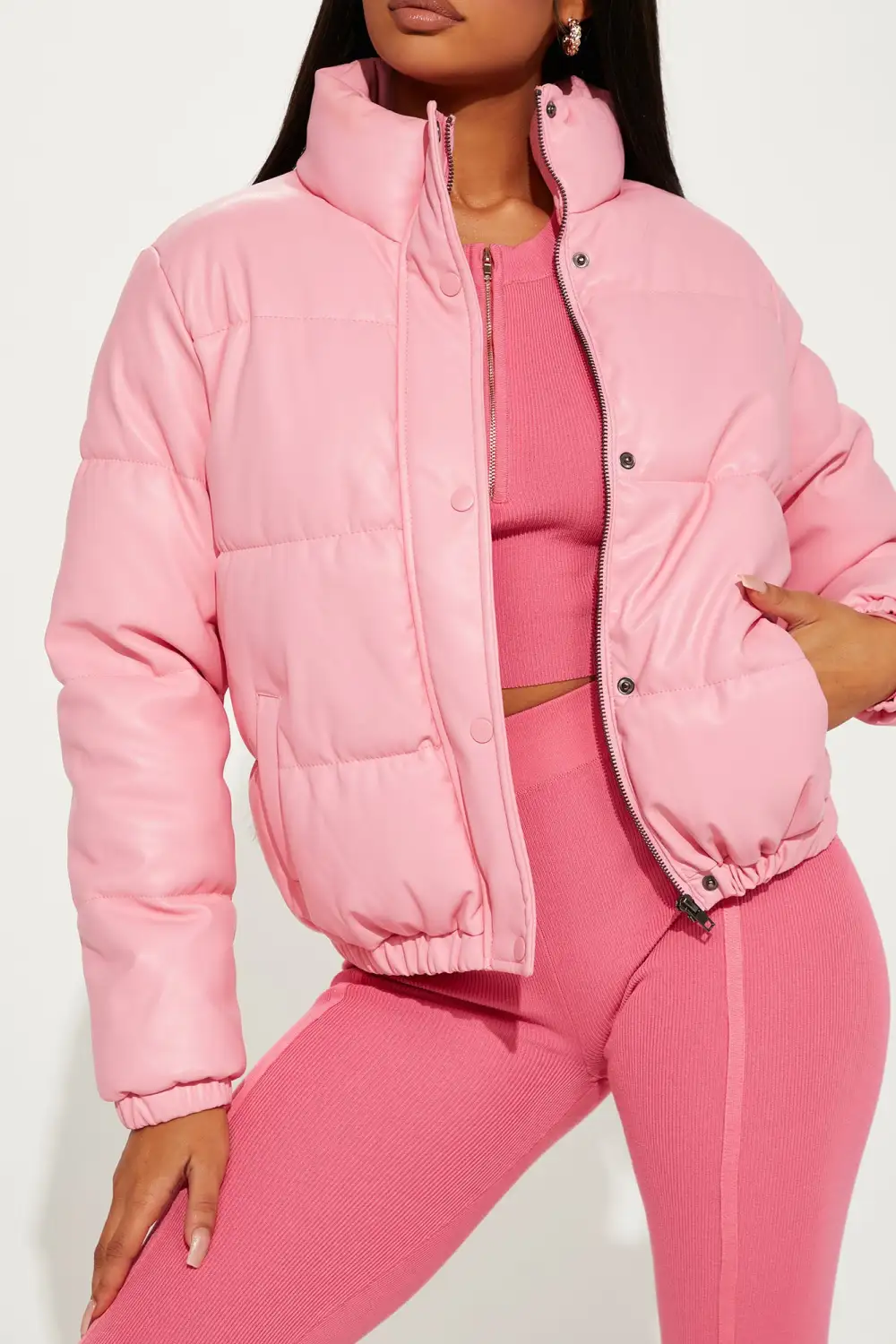 Upgrade You Faux Leather Puffer Jacket - Pink