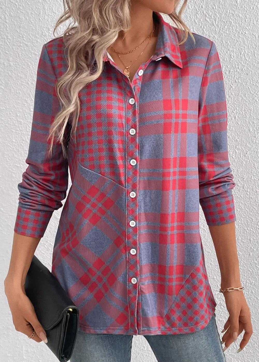 Red Button Plaid Long Sleeve Shirt Collar Blouse