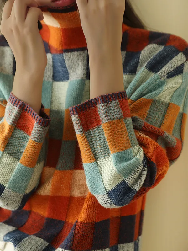 Vintage Colorful Checkerboard Knit Turtleneck Sweater