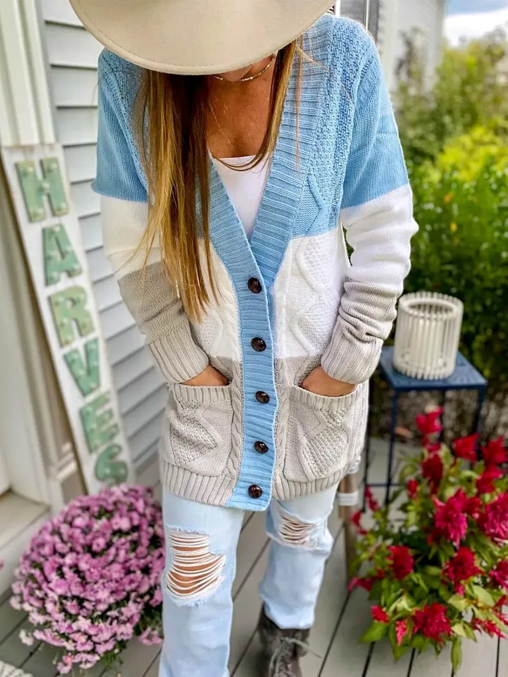 Womens Long Sleeve Open Front Buttons Cable Knit Pocket Sweater Cardigan