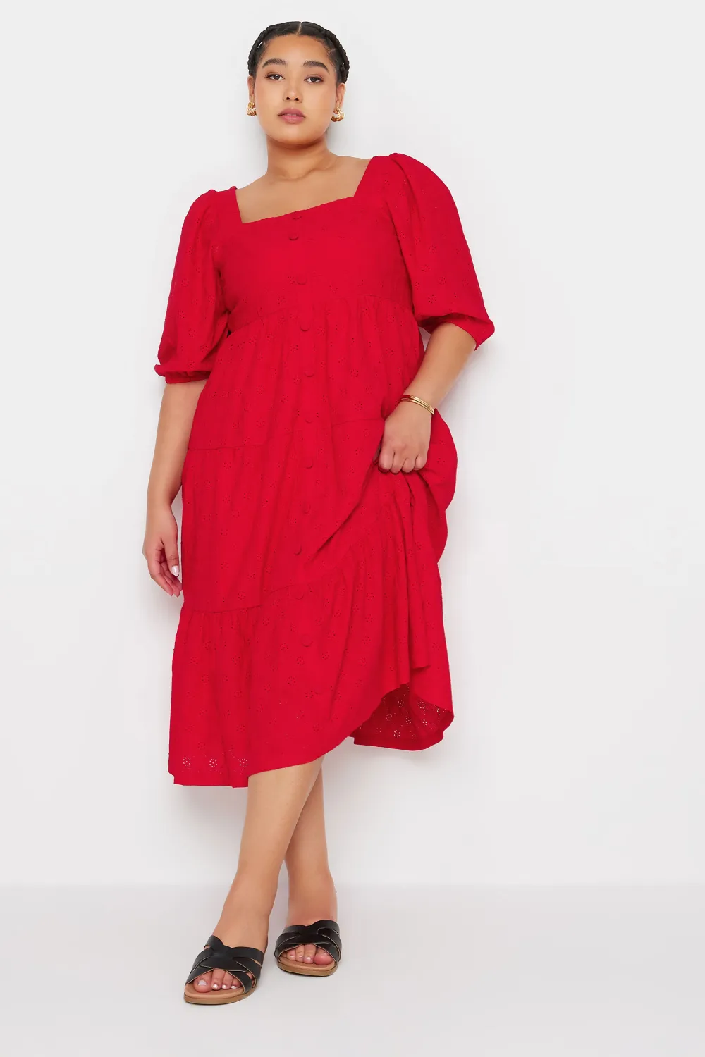 YOURS Curve Red Broderie Anglaise Button Front Dress