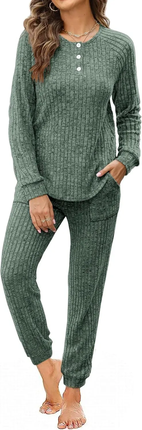 Two Piece Outfits for Women Lounge Sets Button Down Sweatshirt Sweatpants Sweatsuits Set with Pockets