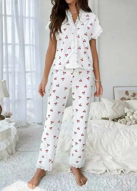 White Fruit Printing Short Sleeve Lounge Top and Pants