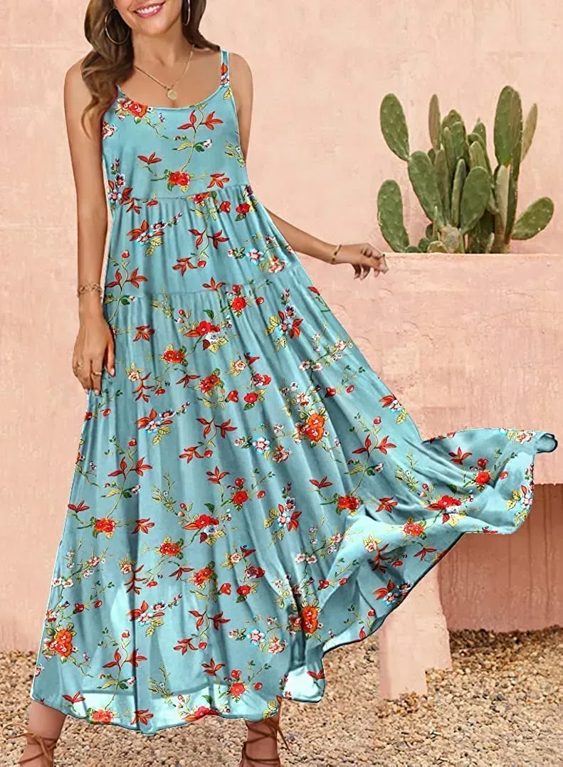 Summer Dresses for Women Casual Loose Bohemian Floral Dress with Pockets Spaghetti Strap Maxi Dress E75