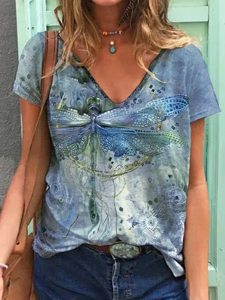 V Neck Dragonfly Print Casual Loose Knit T-Shirt/Tee