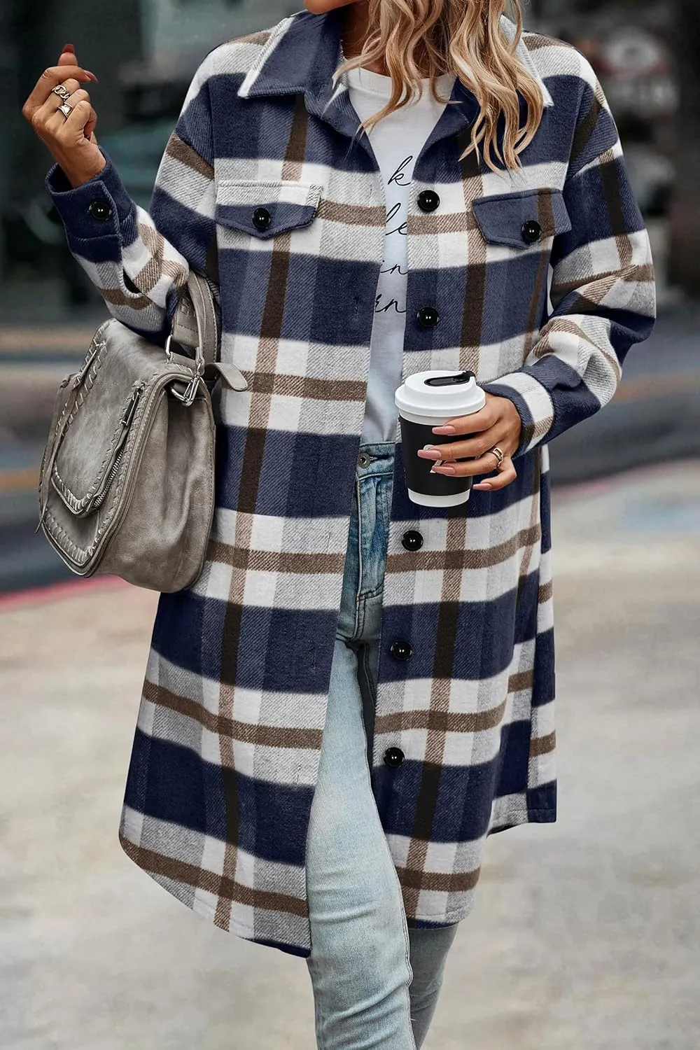 Women's Plaid Shacket 2023 Long Sleeve Button Up Flannel Shirt Winter Tartan Jacket Woolen Coats