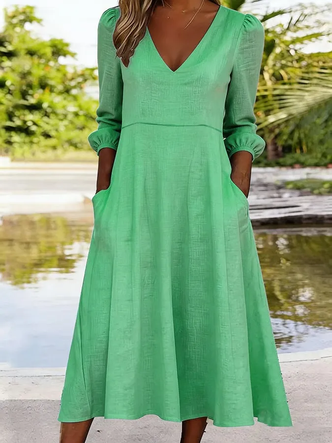Women's Casual Solid Color V-Neck Cotton And Linen Dress