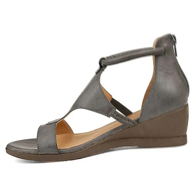 Women's Sandals Wedge Sandals Gladiator Sandals Roman Sandals Plus Size Outdoor Daily Summer Wedge Heel Open Toe Vintage Classic Casual PU Leather Polyester Zipper Solid Color Solid Colored Dark Red