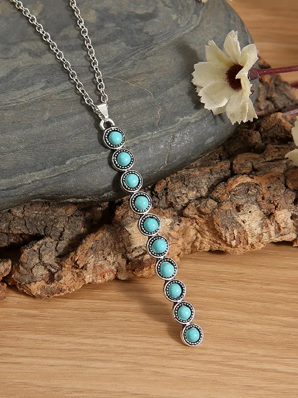 Boho Vintage Turquoise Geometric Long Necklace Sweater Chain
