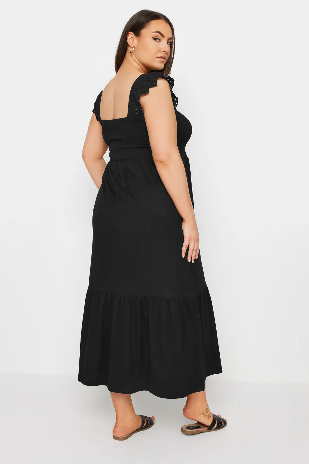 YOURS Curve Black Frill Sleeve Shirred Midaxi Dress