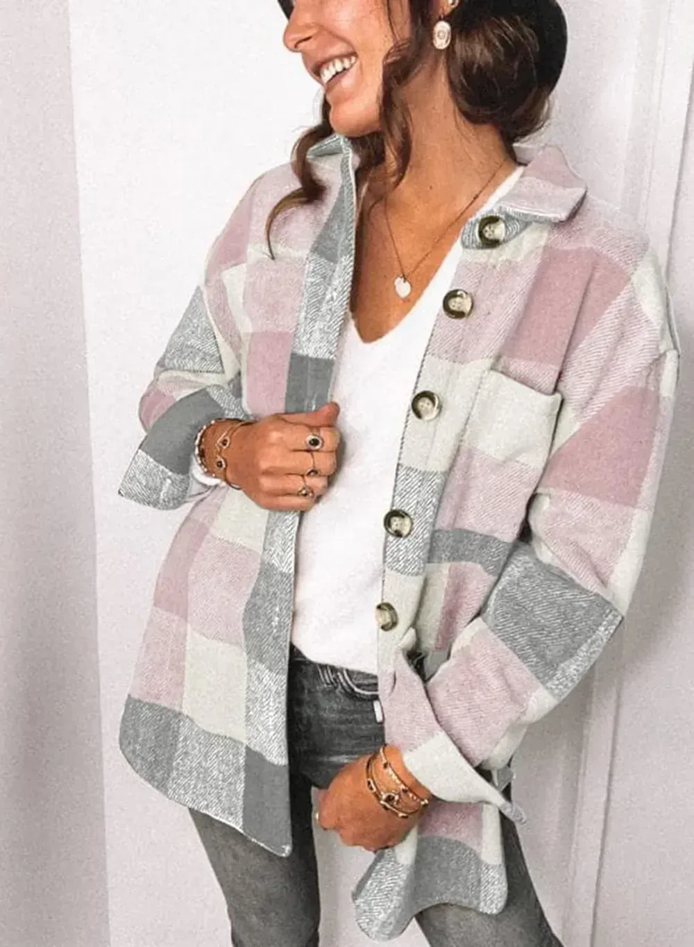 Women's 2023 Fall Clothes Plaid Shacket Jacket Long Sleeve Button Down Flannel Shirts Fashion Blouse