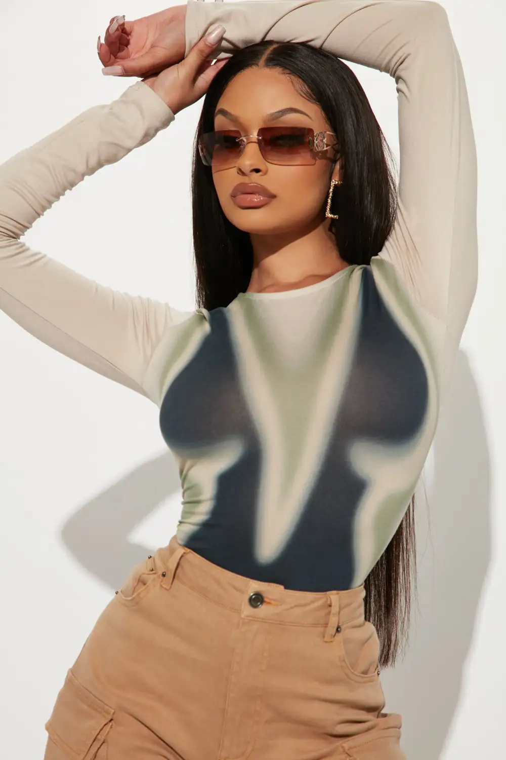 Out Of Body Experience Long Sleeve Bodysuit - Taupe