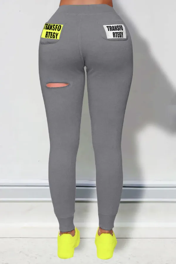 Letter Print Ripped Drawstring Waist Pants