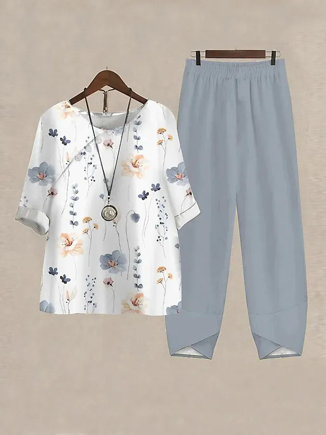 Women's Shirt Pants Sets Floral White Pink Blue Print Short Sleeve Casual Daily Daily Basic Crew Neck Regular Fit Fall & Winter