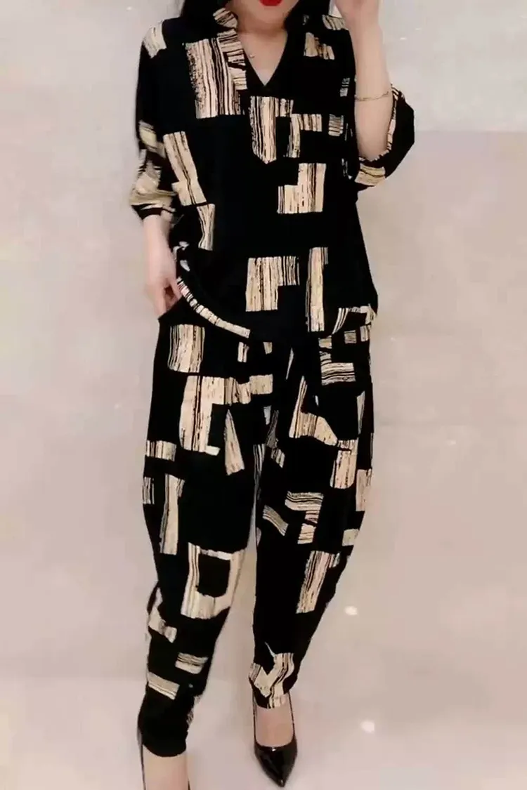 Loose Casual Square Print Mid Sleeve V Neck Two Piece Set