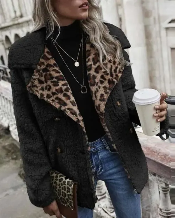 Contrast Leopard Double Breasted Teddy Coat