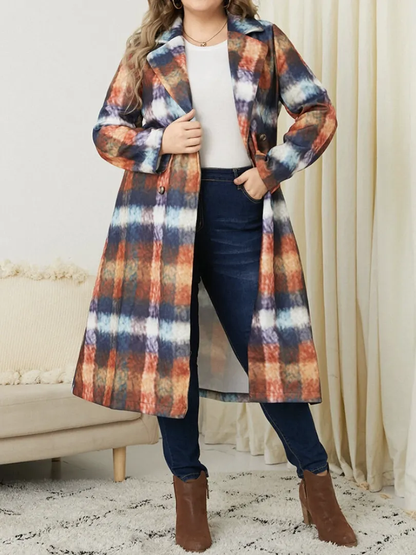 Plus Size Casual Plaid Print Loose Pocket Windbreaker Jacket
