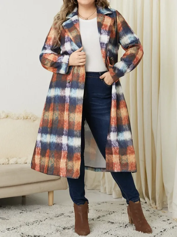 Plus Size Casual Plaid Print Loose Pocket Windbreaker Jacket