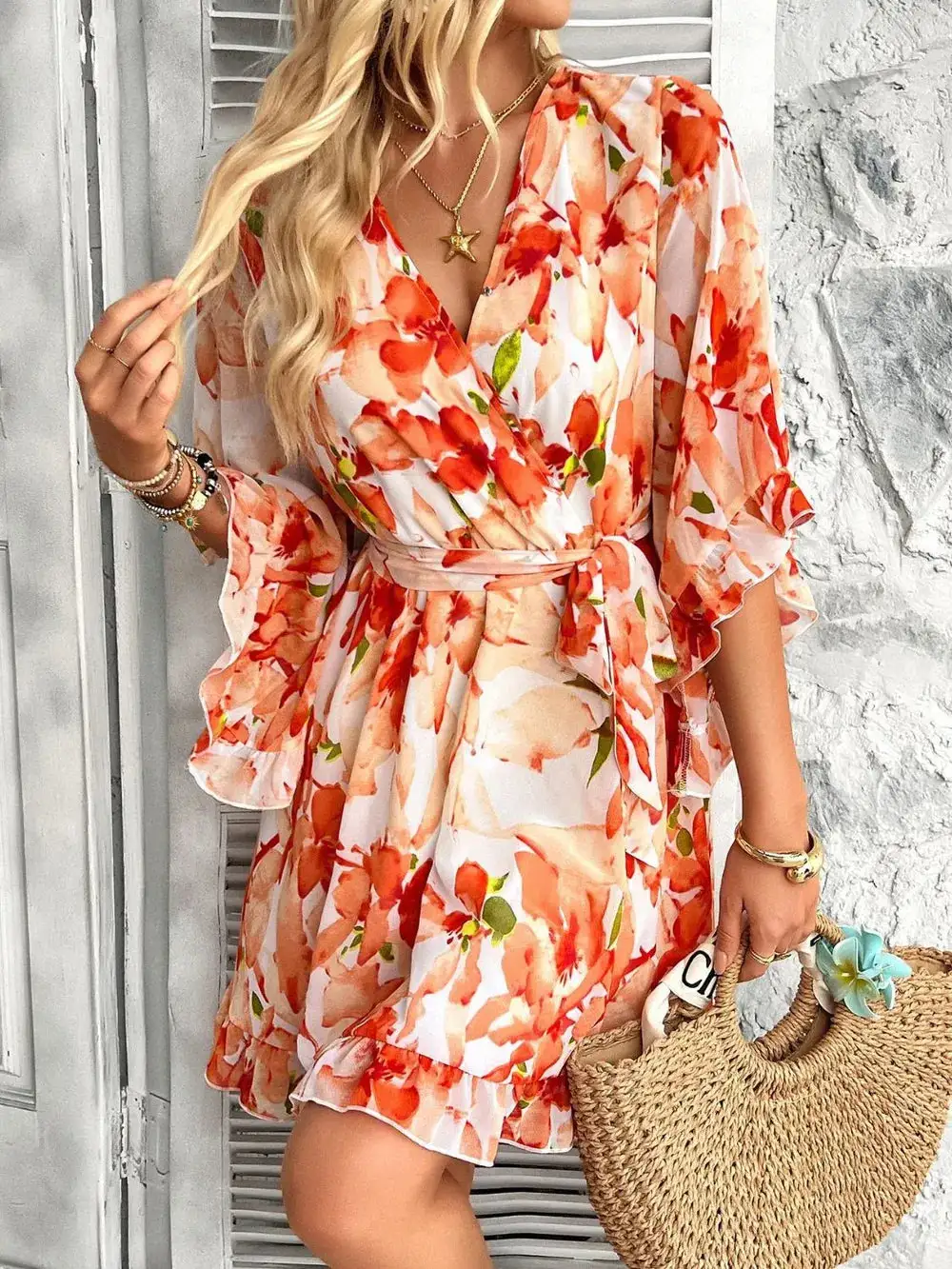 Relaxed Surplice Neck Ruffle Trim Dress