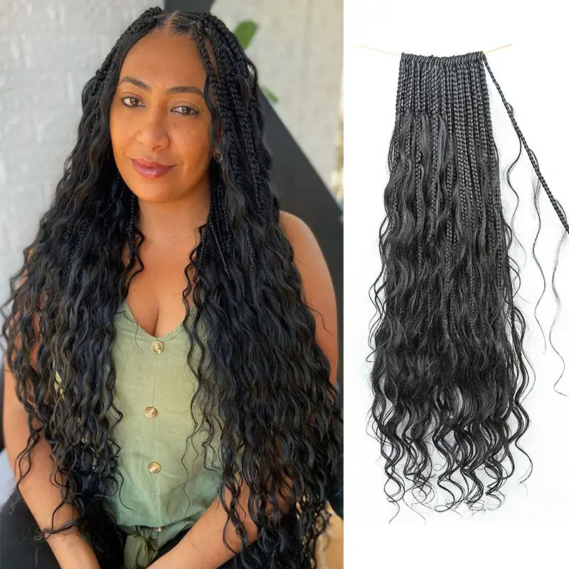 Pre-looped Crochet Human Hair Boho Box Braids Loose Deep Wave Human Hair Curls Ends, Reusable Hair