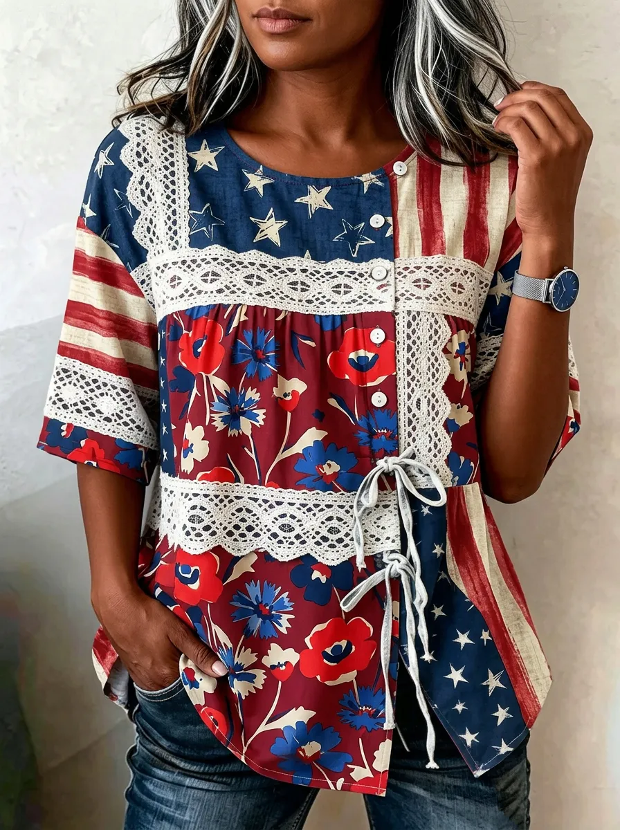 Women's Nashville Patriotic Floral Lace Patchwork Printed Top