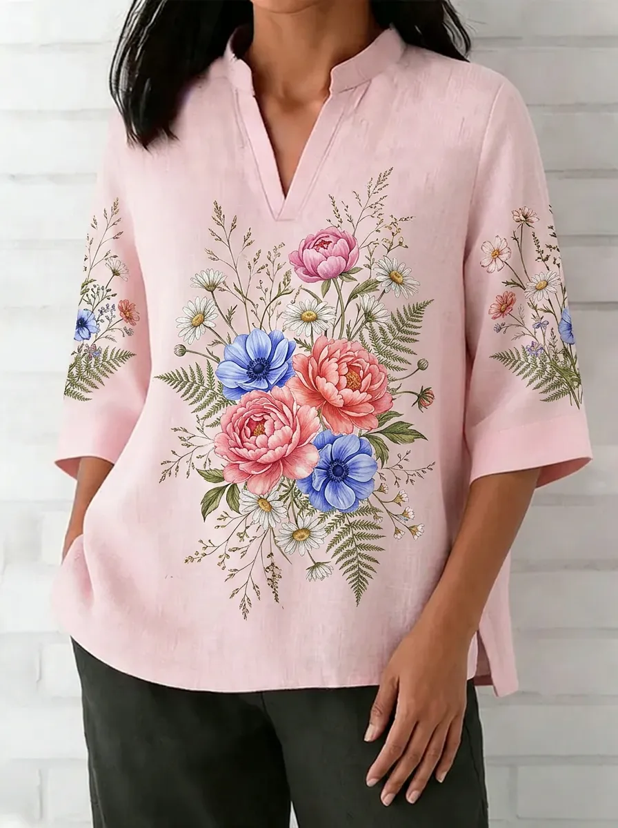Women's Nashville Floral Peony Daisy Printed V-neck Top