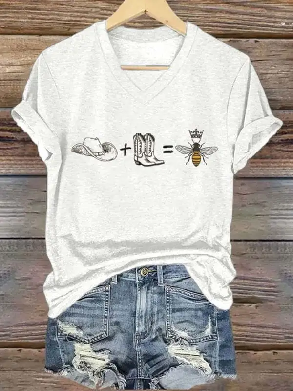 V-neck Retro Cowboy Hat Boots BeyHive Print T-Shirt