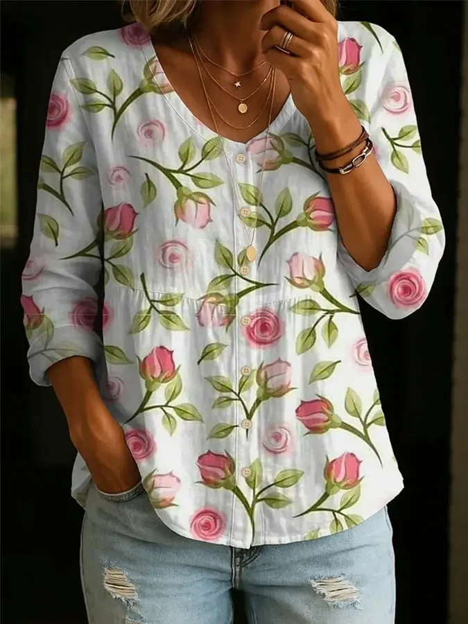 Women'S Floral Art Printed Button Round Neck Shirt