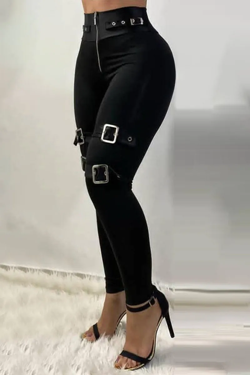 Zip Front Buckle Belted Skinny Pants