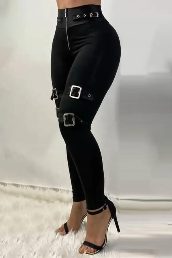 Zip Front Buckle Belted Skinny Pants