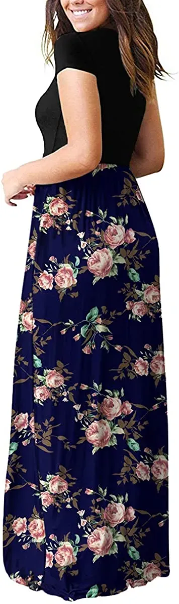 Women's Short Sleeve Loose Plain Maxi Dresses Casual Long Dresses with Pockets