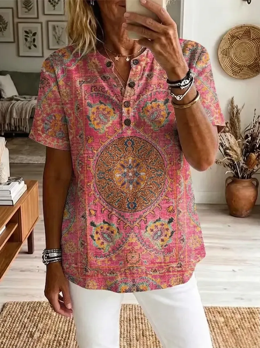 Women's Nashville Boho Mandala Printed Henley Shirt