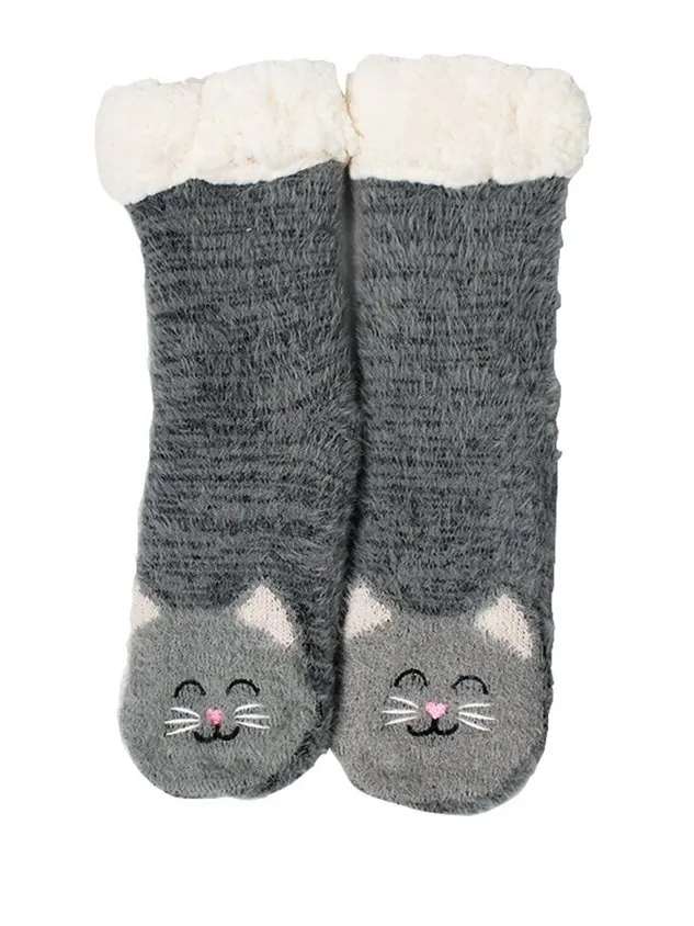 1pair Women Cartoon Cat Warmth Non-Slip Floor Socks