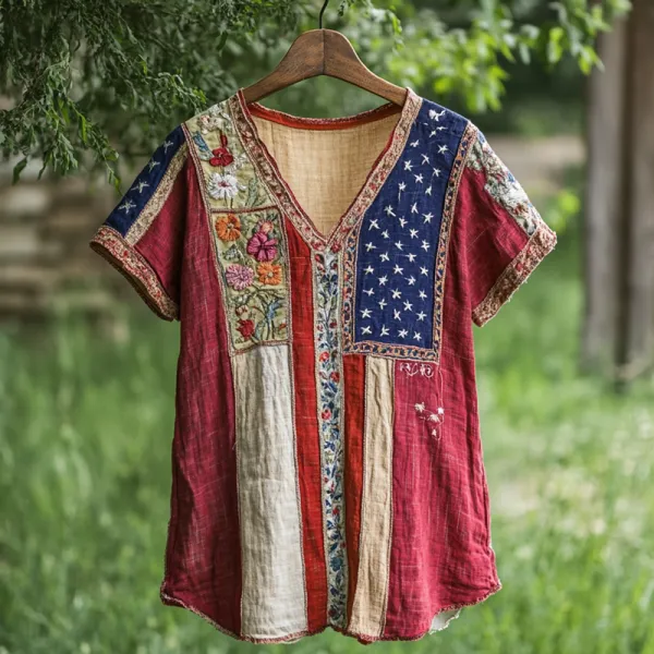 Independence Day Flag Flower Patchwork Print V Neck T-shirt