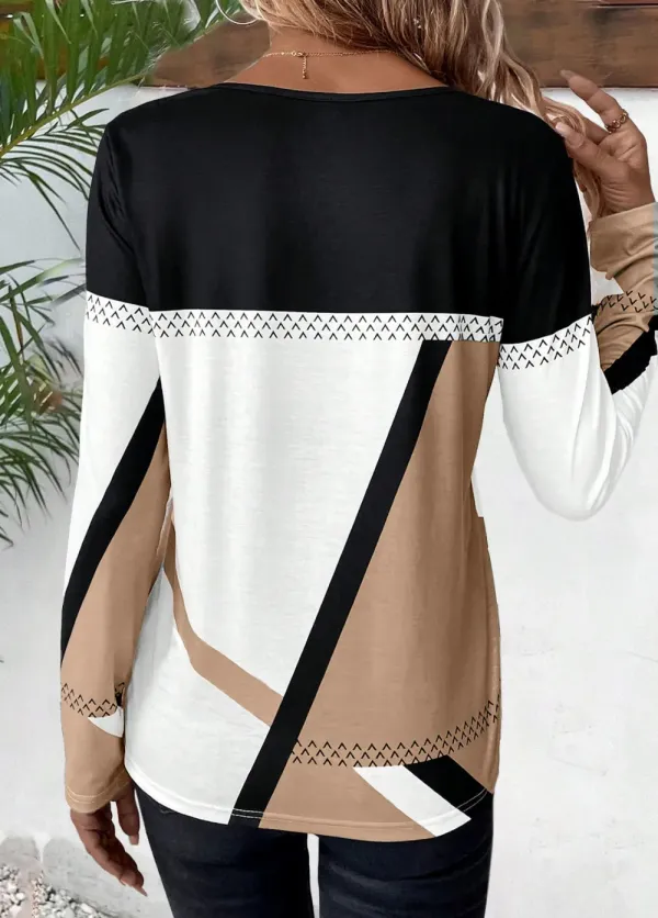 Light Coffee Patchwork Geometric Print Long Sleeve T Shirt