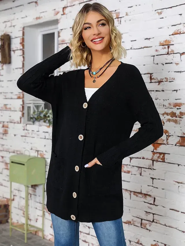 Women‘s Christmas Cardigan Sweater V Neck Cable Knit Polyester Button Pocket Fall Winter Long Outdoor Xmas Daily Going out Stylish Casual Soft Long Sleeve Solid Color Black Red Blue S M L