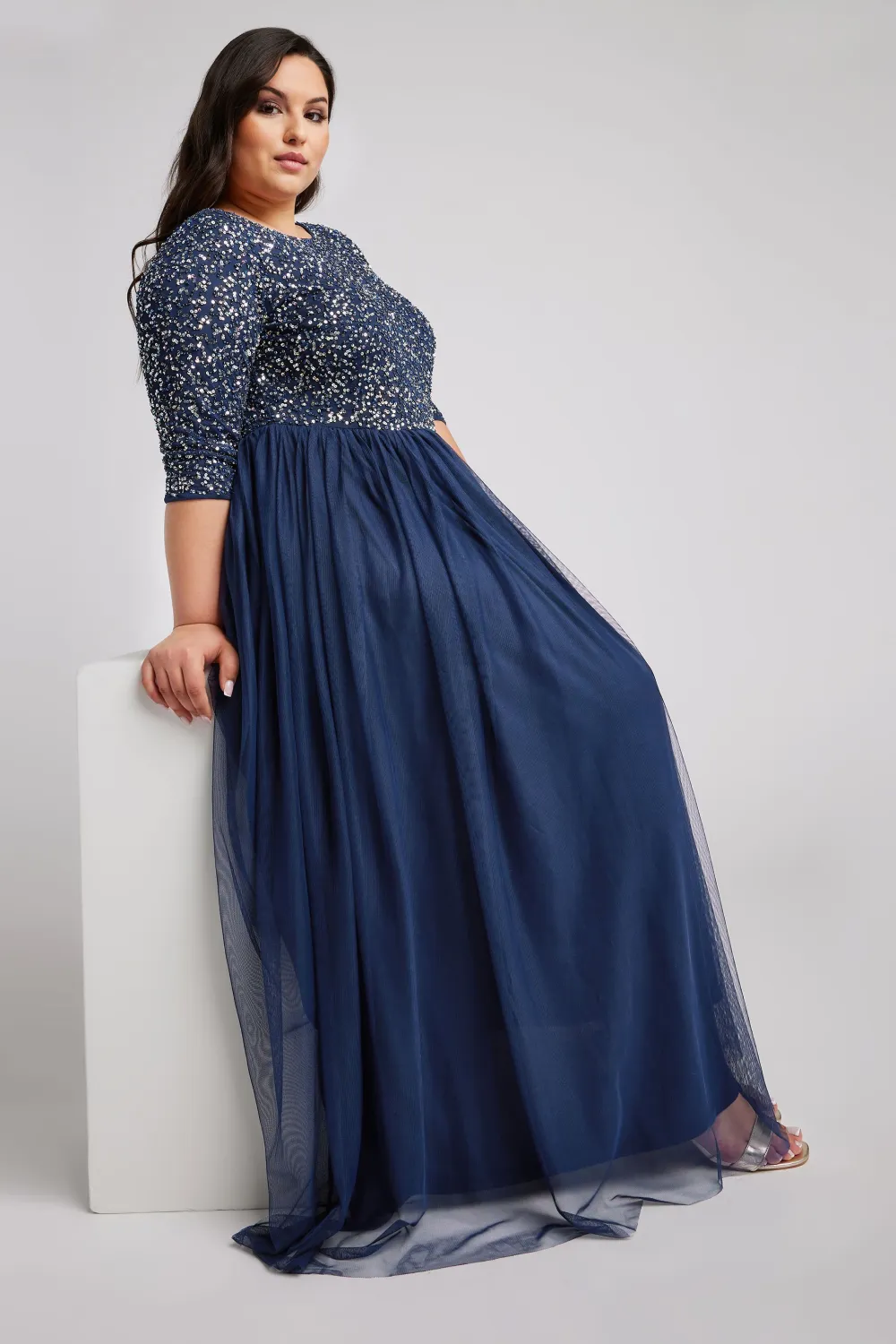 LUXE Curve Navy Blue Sequin Hand Embellished Maxi Dress