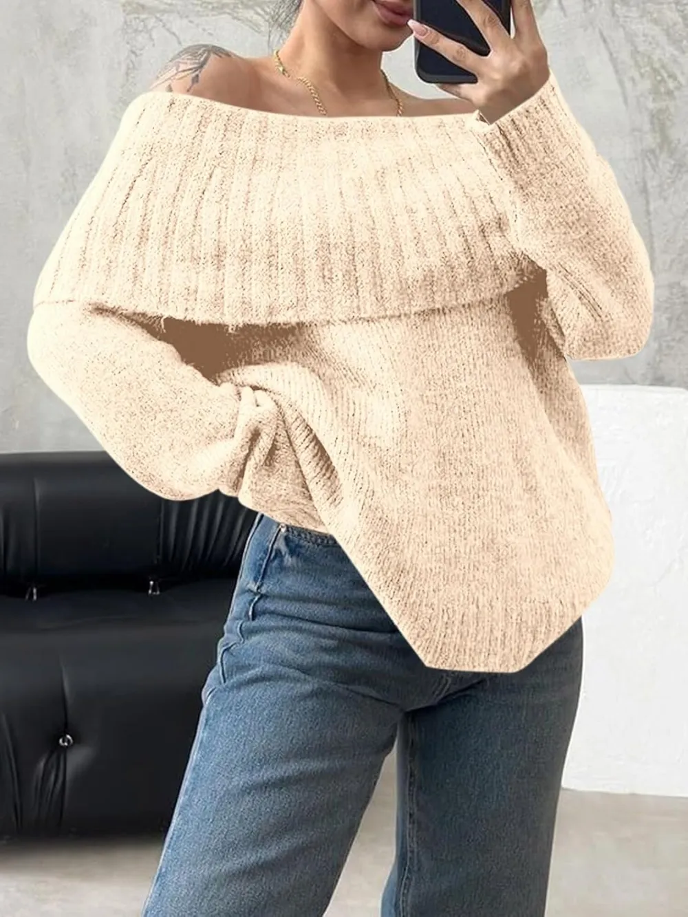 🎄Hot Sale Off The Shoulder Sweaters Long Sleeve Slouchy Knitted Casual Loose Fall Trendy Pullover Tops