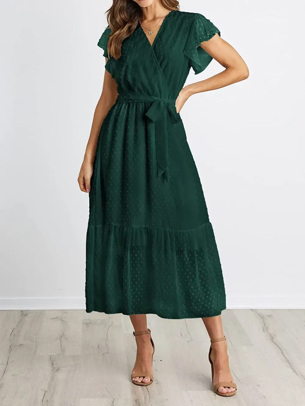Women Summer Bohemian Floral Casual Wrap V Neck Ruffle Cap Sleeveless Belt A-Line Pleated Hem Swing Midi Sun Dress