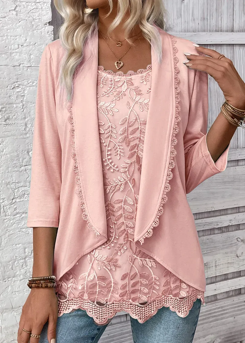 Light Pink Fake 2in1 3/4 Sleeve T Shirt