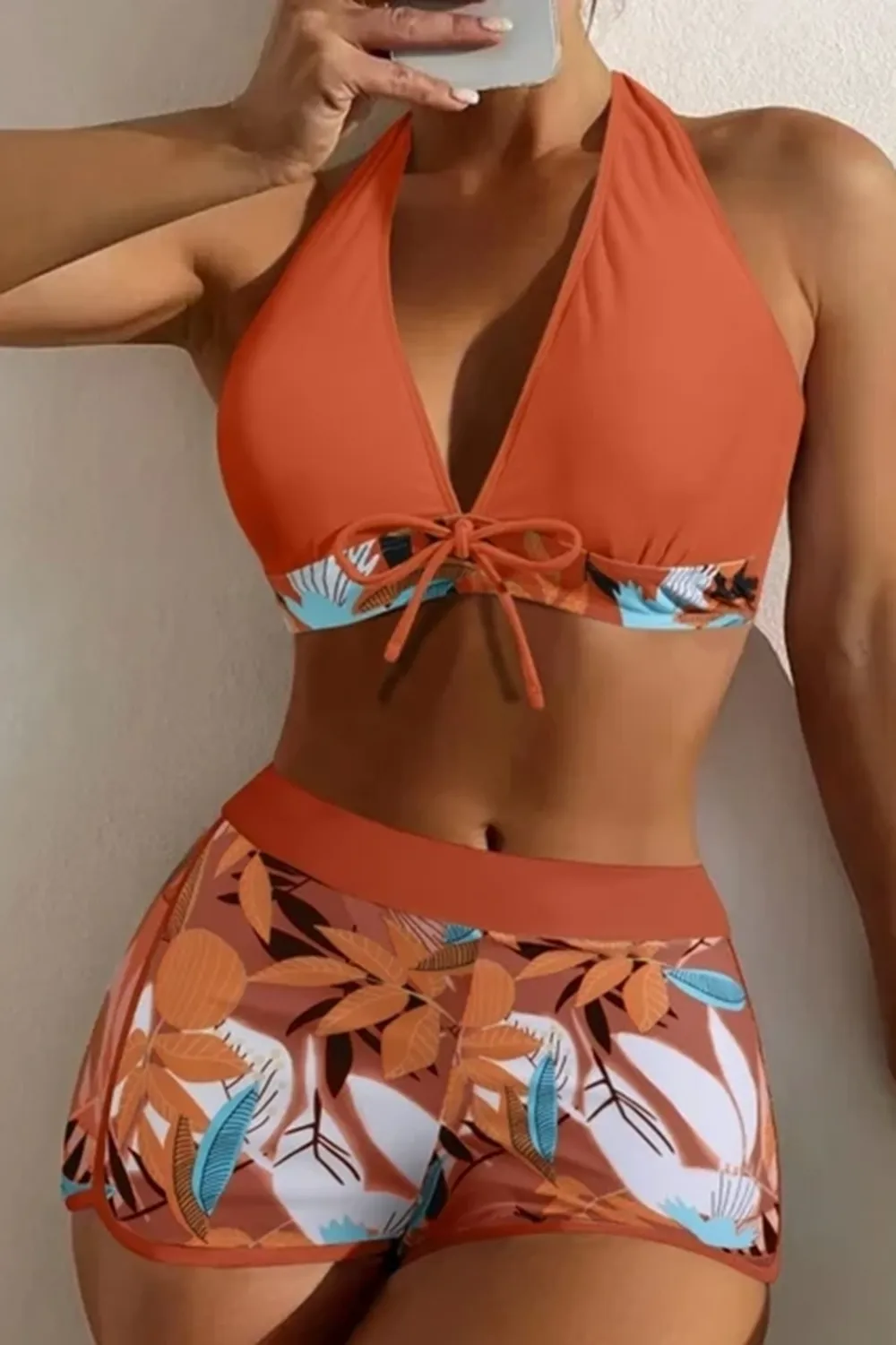 Sexy padded printed high-waisted patchwork swim trunks set