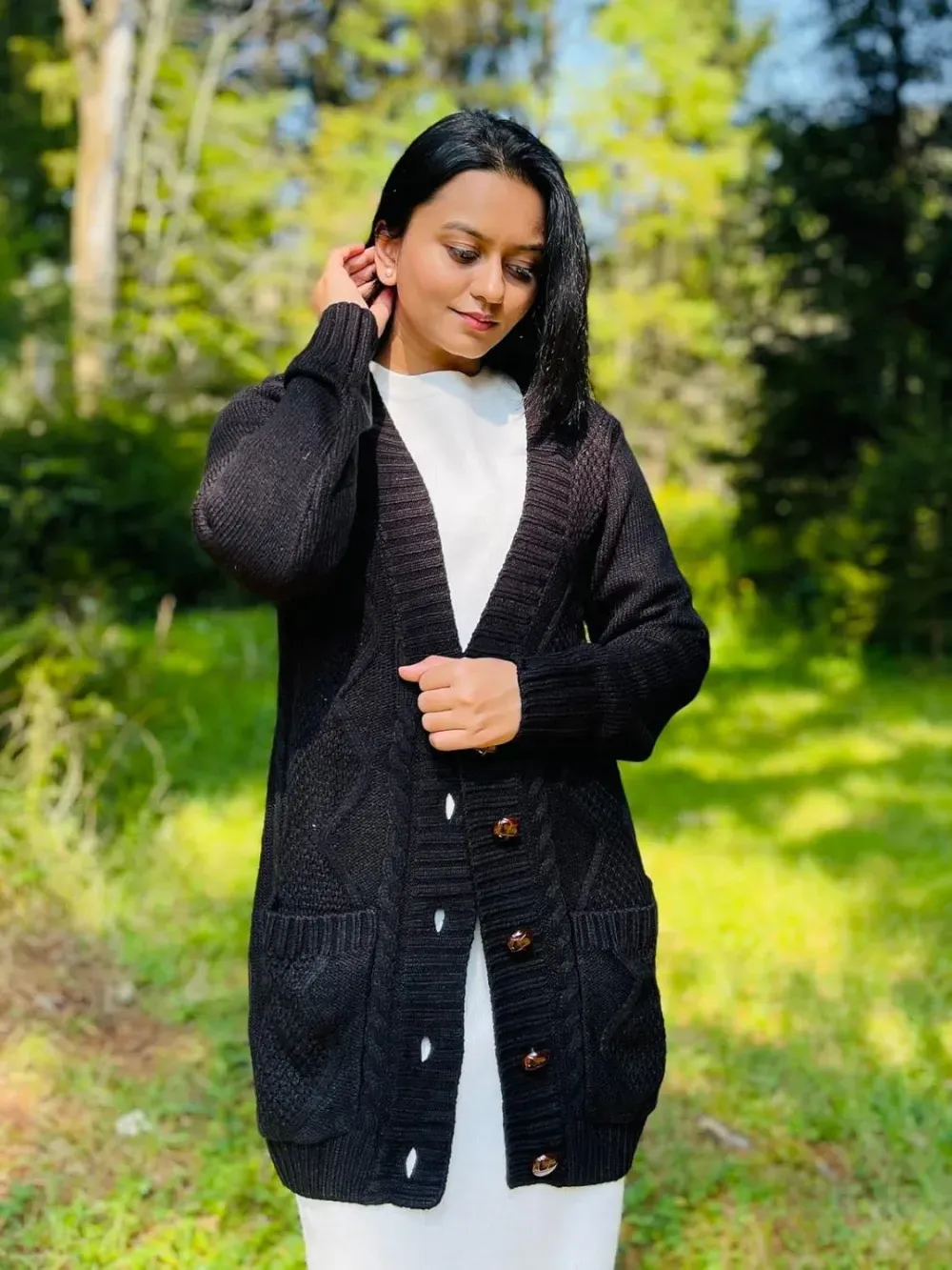 Womens Long Sleeve Open Front Buttons Cable Knit Pocket Sweater Cardigan