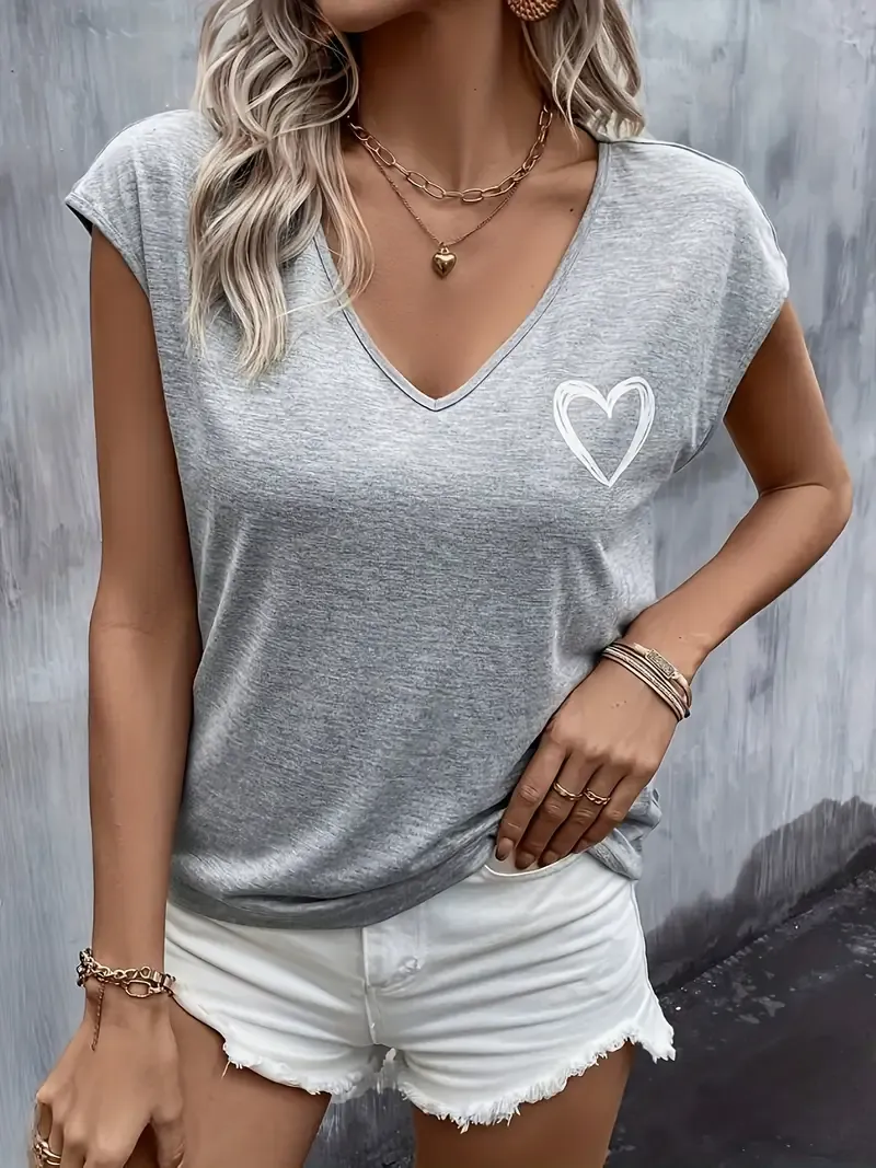 Heart Print V Neck T-shirt, Casual Cap Sleeve Top For Spring & Summer, Women's Clothing